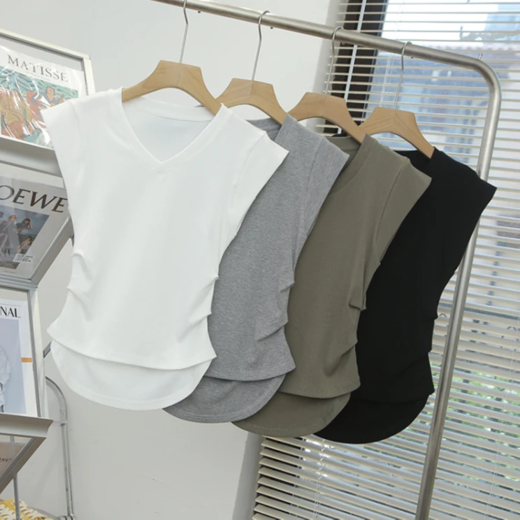 无袖纯色修身T恤时尚健身夏季休闲显瘦气质v领街头跑步透气百搭