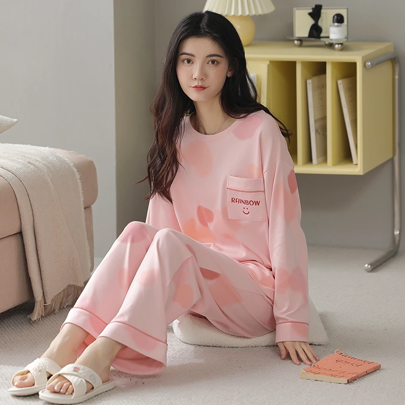 2023新款秋季甜美牛奶棉睡衣女长袖套头带胸垫长裤套装宽松家居服