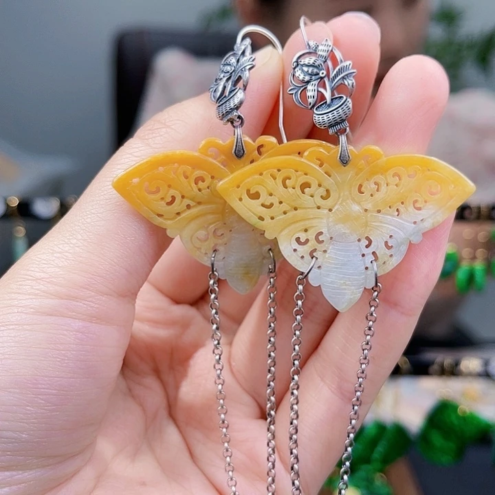 翡翠耳饰银S925镶嵌饰品