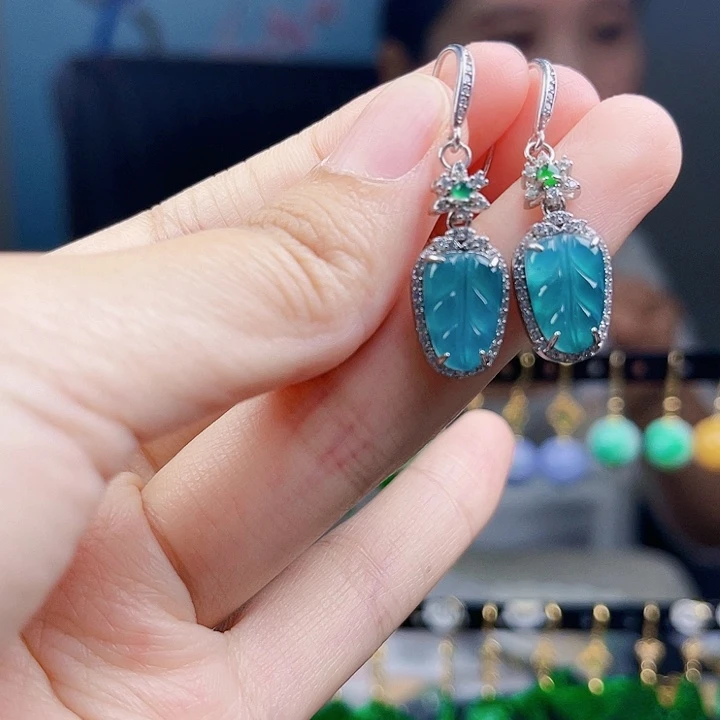 翡翠耳饰银S925镶嵌饰品