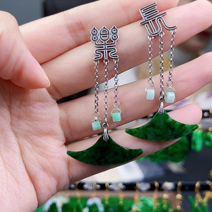 翡翠耳饰银S925镶嵌饰品
