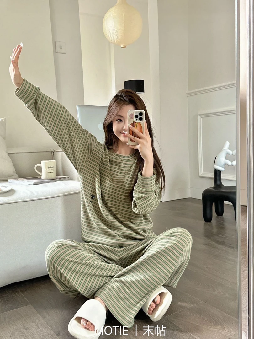 2024秋冬季新款休闲条纹宽松套装纯棉睡衣可外出慵懒女简约显瘦