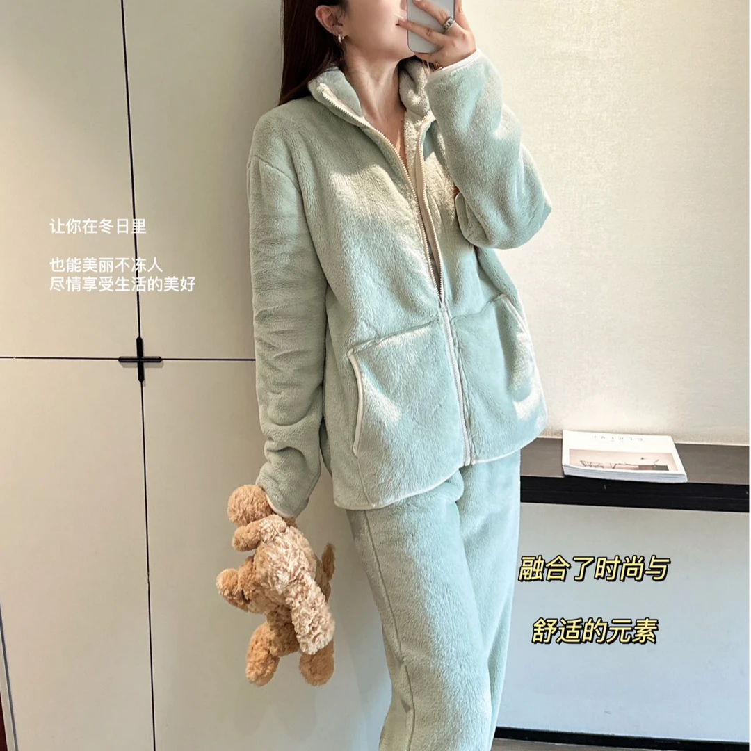 秋冬季雅绒保暖休闲女士拉链可外穿家居服套装加绒加厚冬款秋季