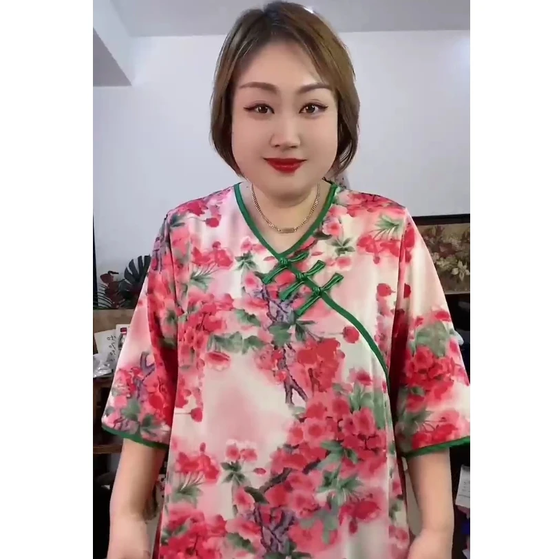 舒适加大养眼粉桃花盘扣网红爆款睡裙中国风家居服