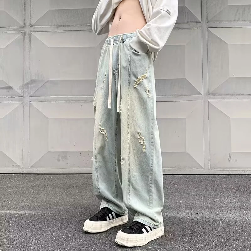 牛仔裤男款美式高街复古破洞阔腿宽松百搭直筒休闲系绳新款裤子