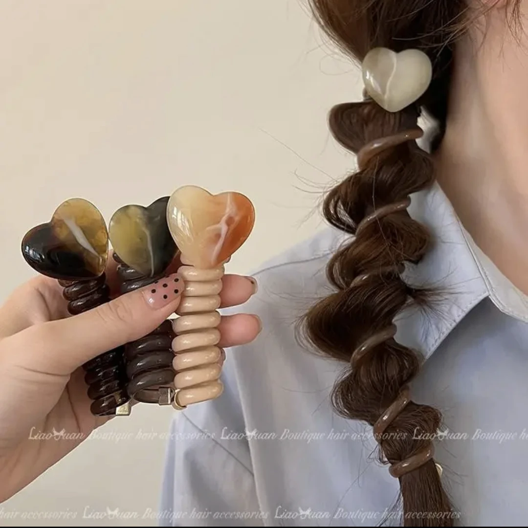 百搭简约泡泡辫头绳女新款高级感爱心电话线发圈可爱马尾编发神器