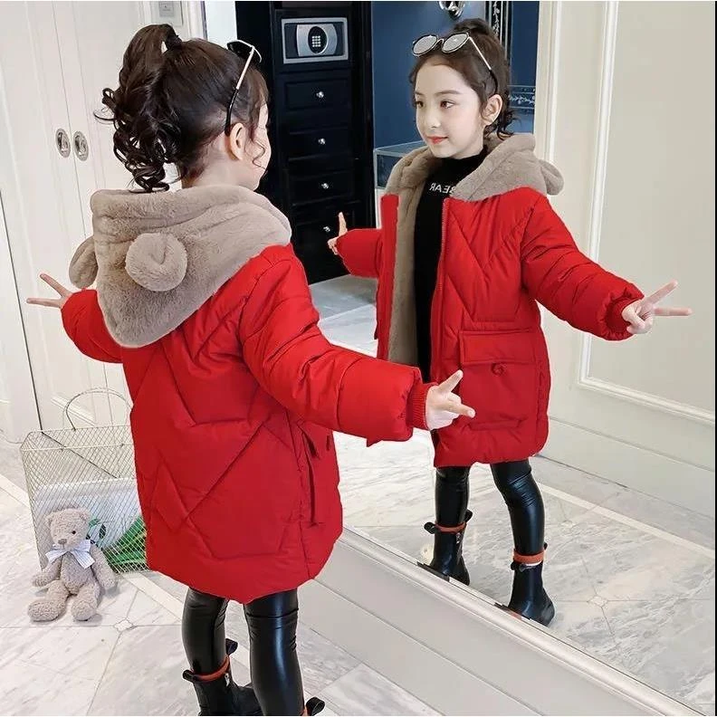 女童加绒棉衣冬装2024年新款洋气棉服袄中长款外套冬季派克服