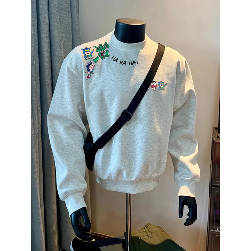 美式潮牌圆领卫衣男秋冬内搭个性加绒加厚打底衫学院风蜡笔小新