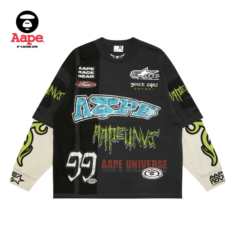 Aape旗舰店男装24秋冬做旧裂纹字母印花嘻哈休闲长袖T恤1572XXN