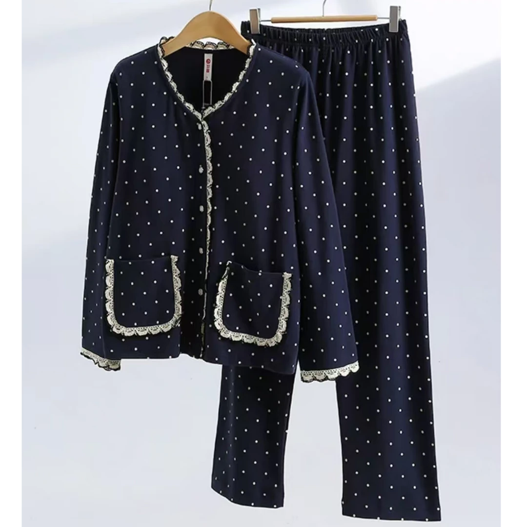芬腾2024新品带胸垫宝石兰波点小香纯棉秋冬厚棉家居服套装睡衣