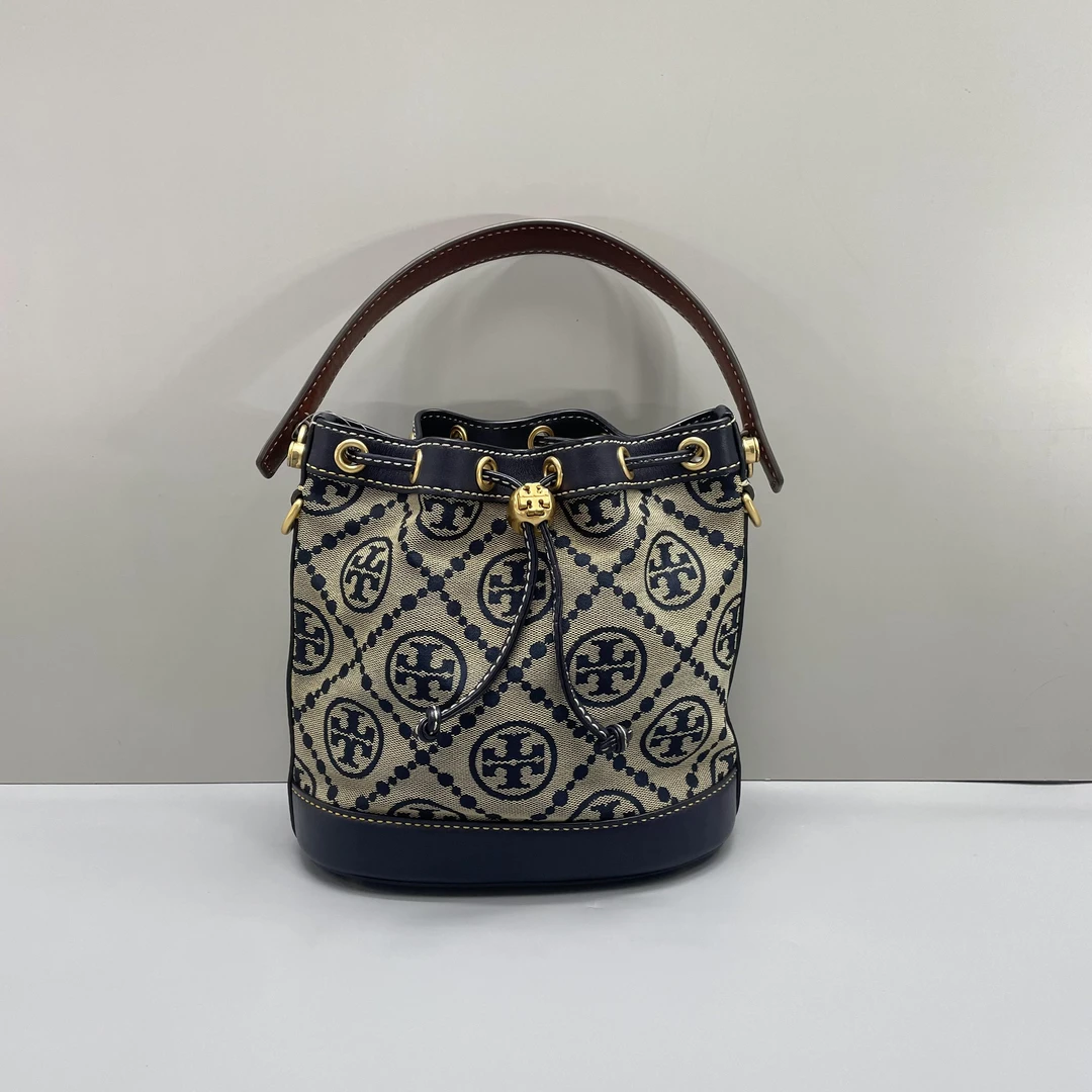 90新 Tory Burch/汤丽柏琦  小林/女士蓝色织物水桶包21*21*12cm