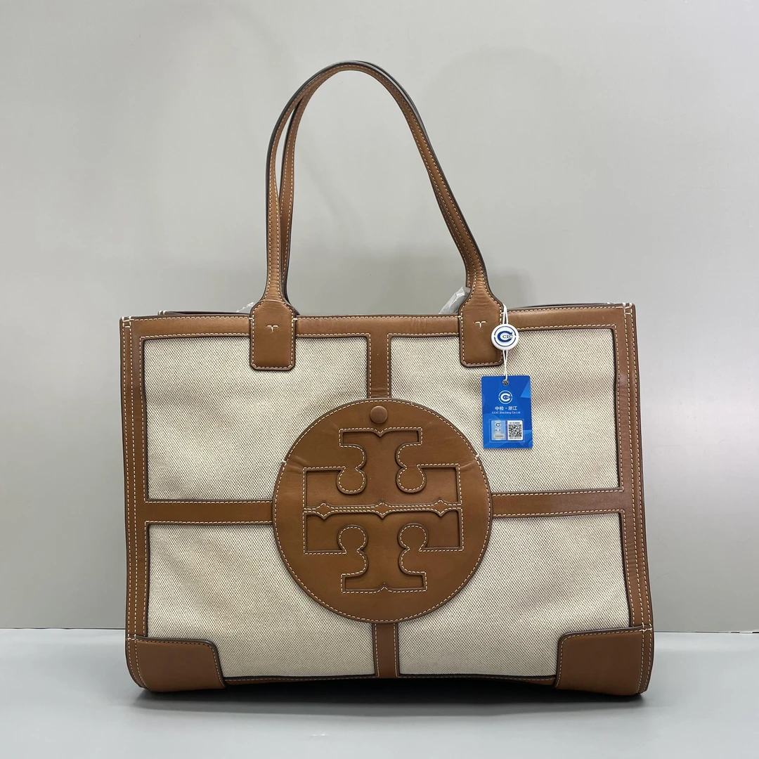 95新 TORY BURCH/汤丽柏琦 棕色帆布大号托特包43x33x11cmL080813