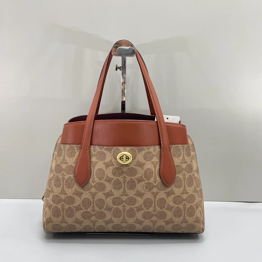 95新 COACH/蔻驰 Lora红棕老花小号手提斜挎包28X21X10cmL072111