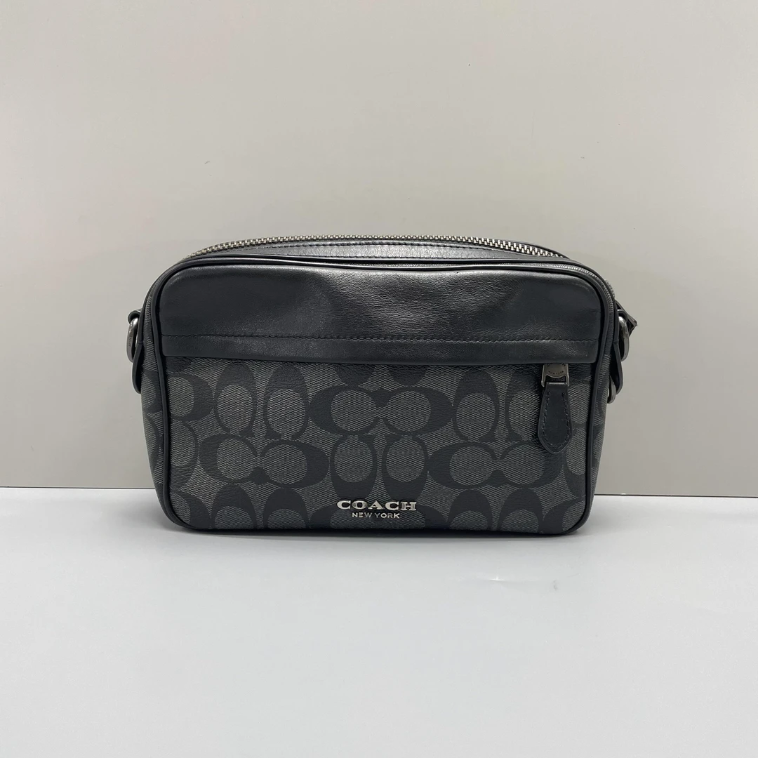 90新 COACH/蔻驰 小林/男士黑拼老花相机包24*15*6cmA071813