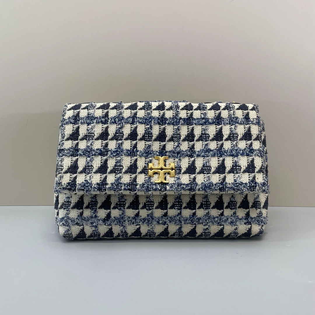 95新 Tory Burch/汤丽柏琦 小林/kira蓝白粗呢链条包24*16*8cm