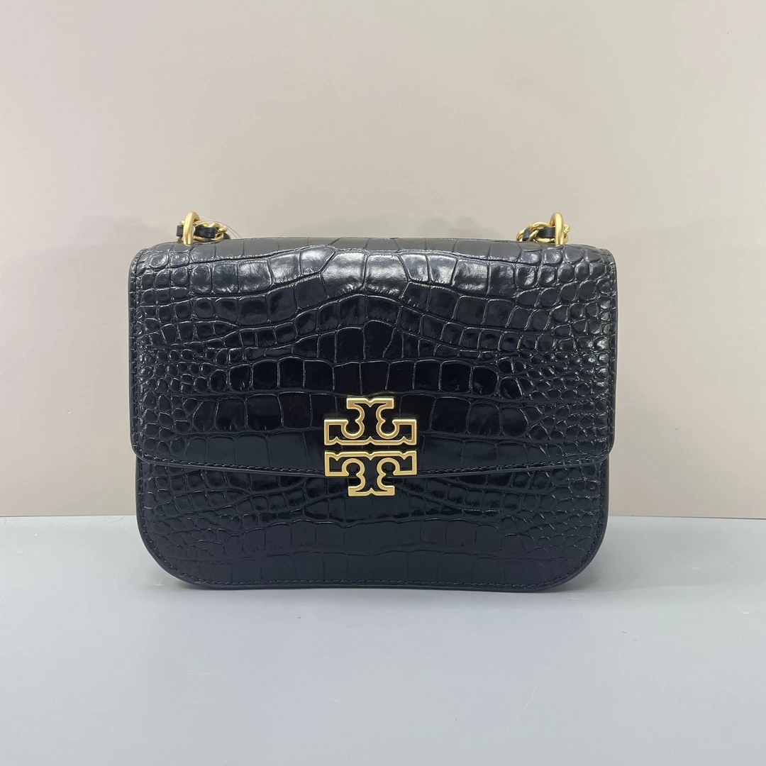 95新 TORY BURCH/汤丽柏琦 黑色鳄鱼压纹斜挎包22X16X7cmL082307
