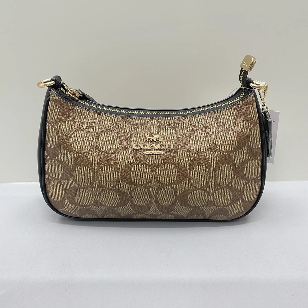 99新 COACH/蔻驰 teri黑拼棕老花腋下包斜挎包24X13X7cmL012002