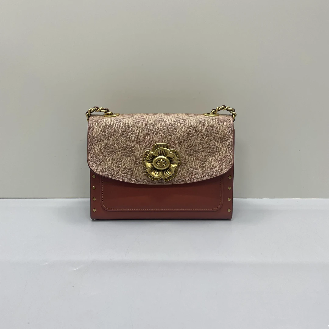 95新 COACH/蔻驰 小丽/山荼花红棕老花链条包18*13*7cmA010905