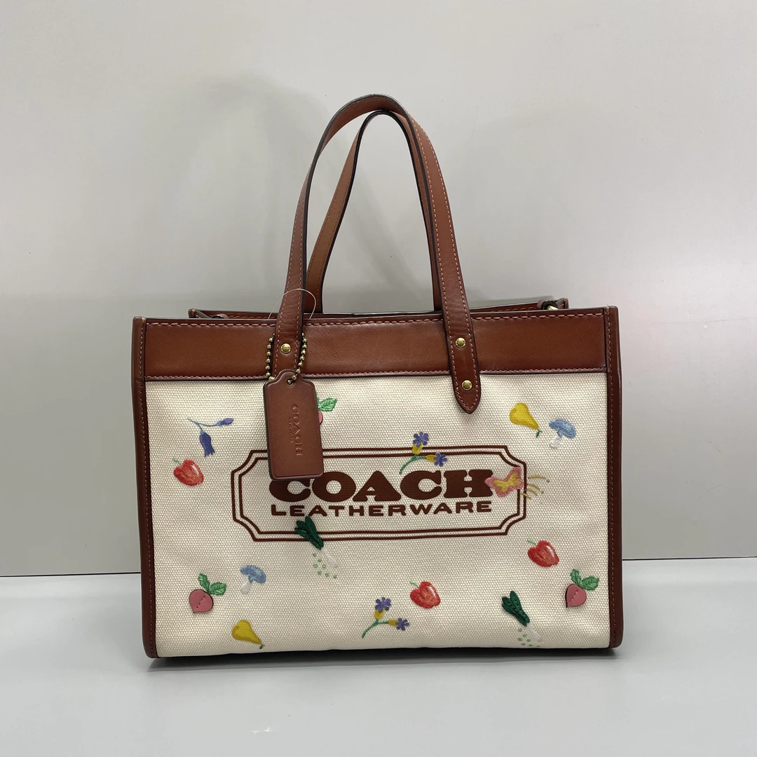 95新 COACH/蔻驰 田园印花米拼棕色横版托特包30X22X12cmL081109