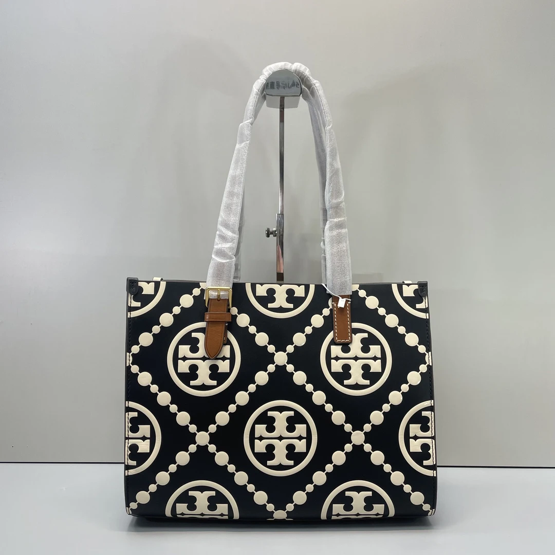 99新 TORY BURCH/汤丽柏琦 黑拼白拼色老花托特包32x24x11L102001