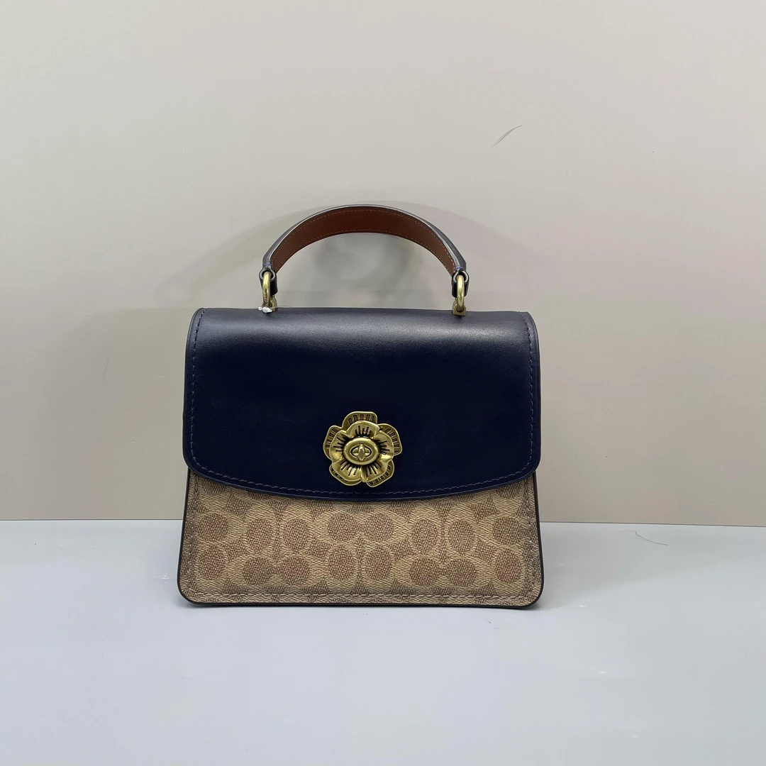95新 COACH/蔻驰 小林/parker山茶花深蓝手提包23*18*11cmA072005