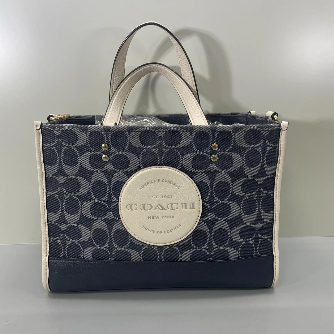 90新 COACH/蔻驰 Dempsey牛仔蓝老花横版托特包30X21X13cmK122306