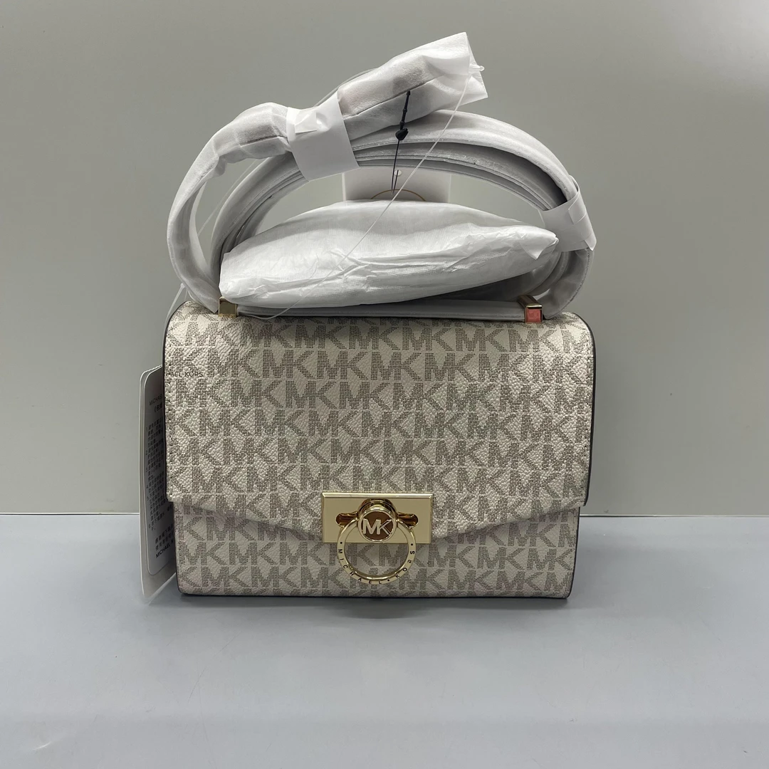 99新 MICHAELKORS/迈克高仕 棕拼白老花小斜挎包18X14X6cmK122008