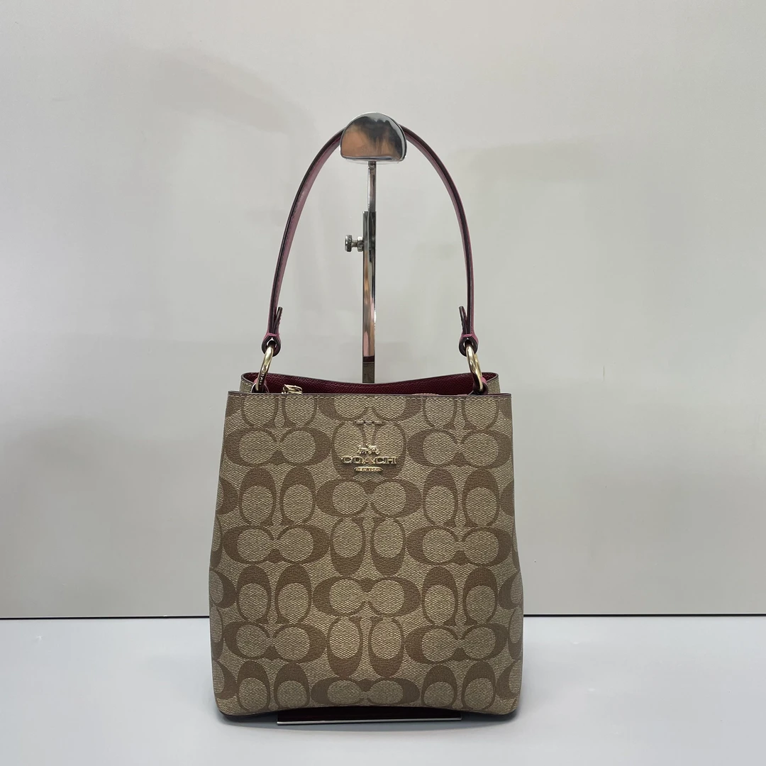 95新 COACH/蔻驰 媚姐/town玫红老花小号水桶20X22X10cmF101205