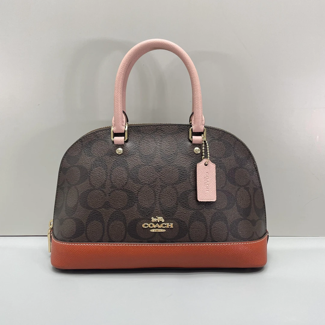 95新 COACH/蔻驰 粉橙拼老花小号贝壳26X19X9cmL073004