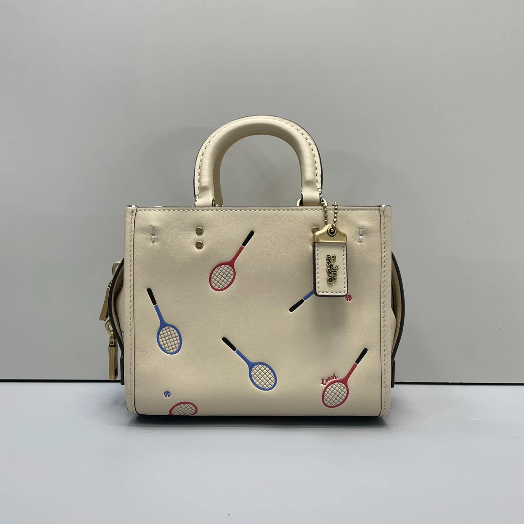 95新 COACH/蔻驰 小林/rouge米色羽毛球拍手提包17*14*9cmA091404