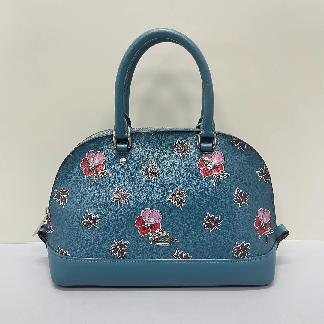 95新 COACH/蔻驰 树叶印花蓝色少肩带小号贝壳包26X18X9cmL010710