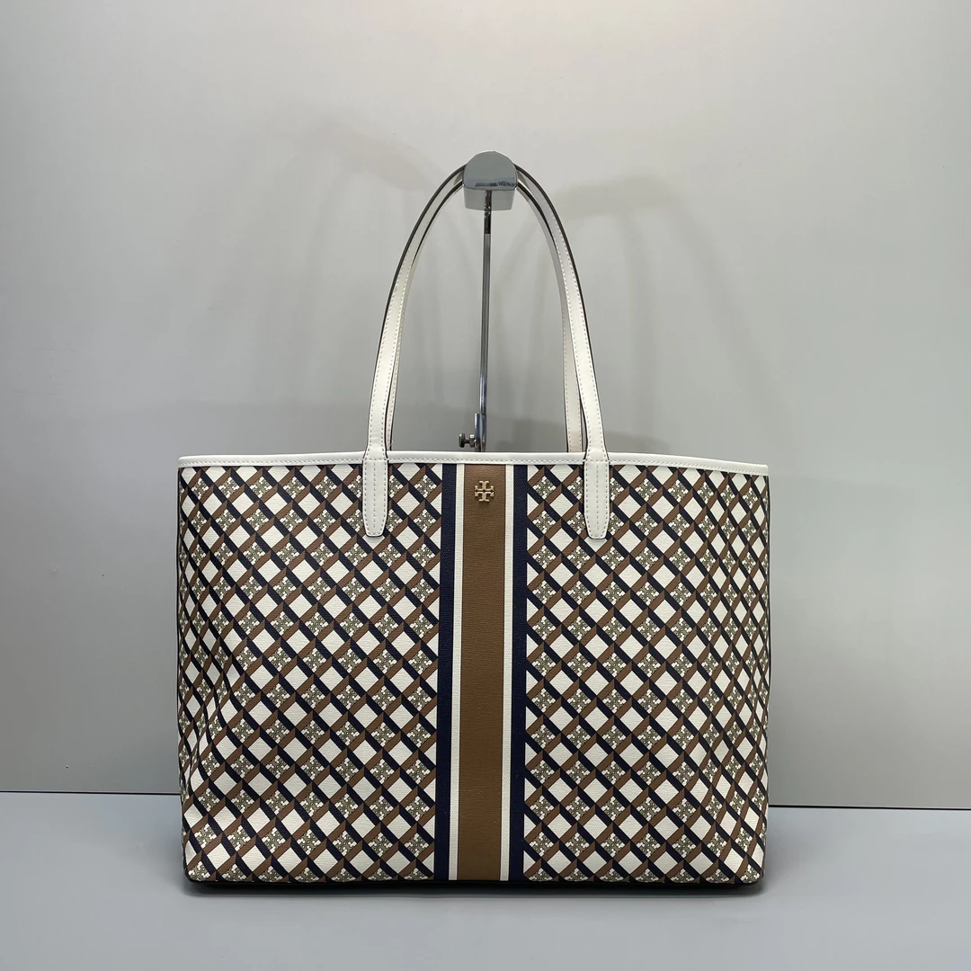 95新 TORY BURCH/汤丽柏琦 小林/白拼格纹托特39*29*15cmA120303