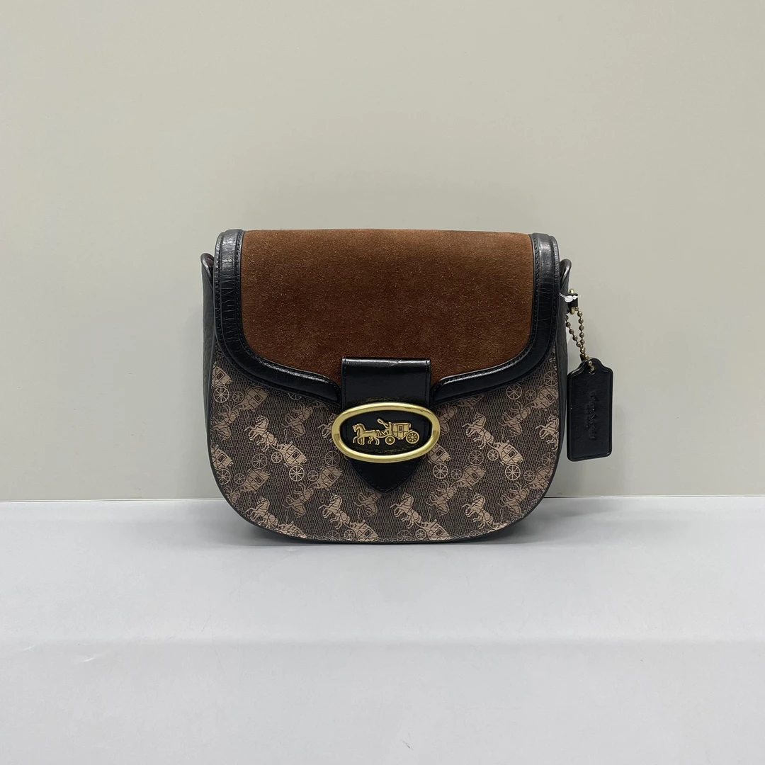 95新 COACH/蔻驰 小丽/kat黑拼老花马鞍包20*18*6cmA012004