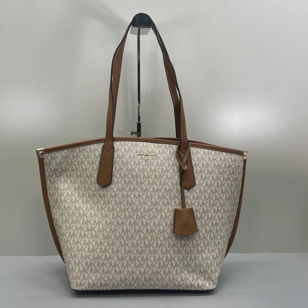 99新 MICHAELKORS/迈克高仕 棕拼白老花托特包28X30X14cmK122104