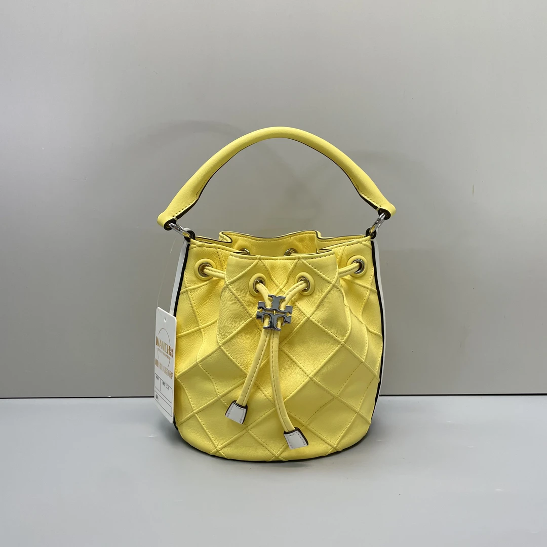 95新 TORY BURCH/汤丽柏琦 黄色褶皱小水桶包17*17*10cmL112619