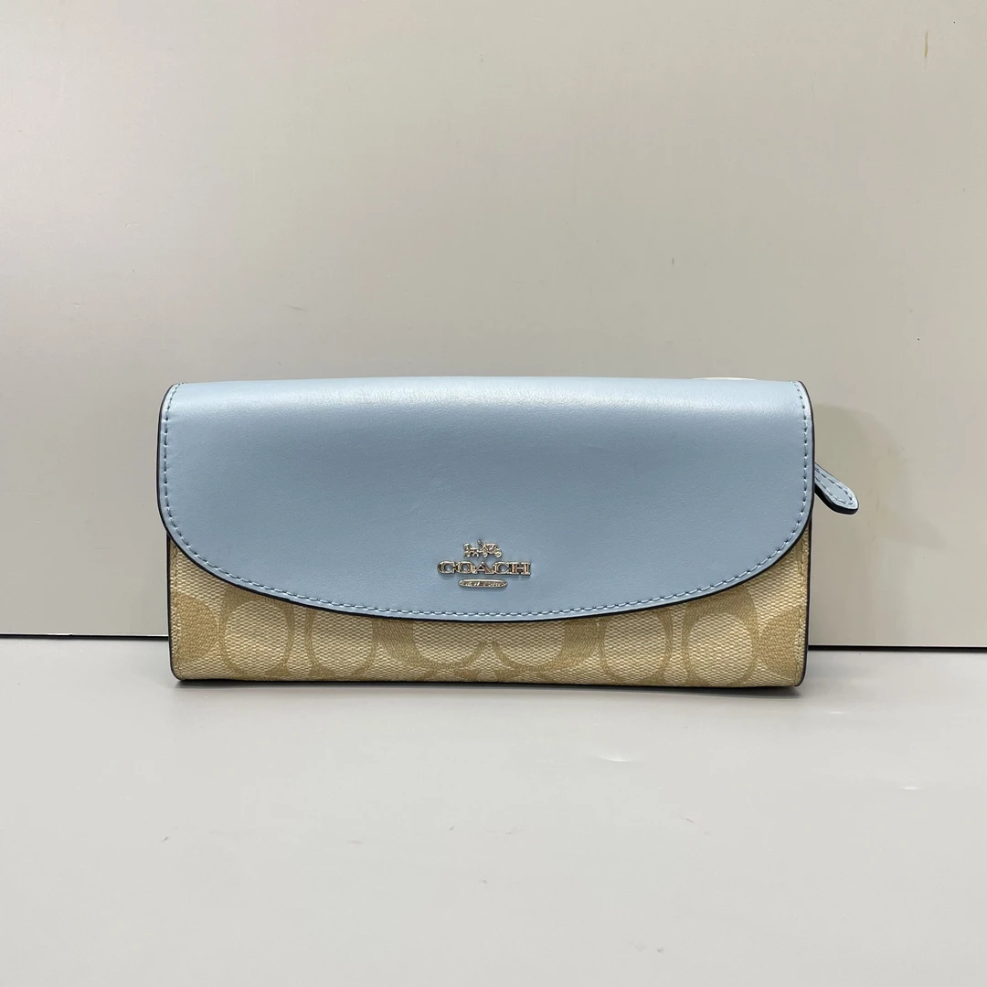 95新 COACH/蔻驰 蓝拼老花长款钱包19x9x1cmL110308