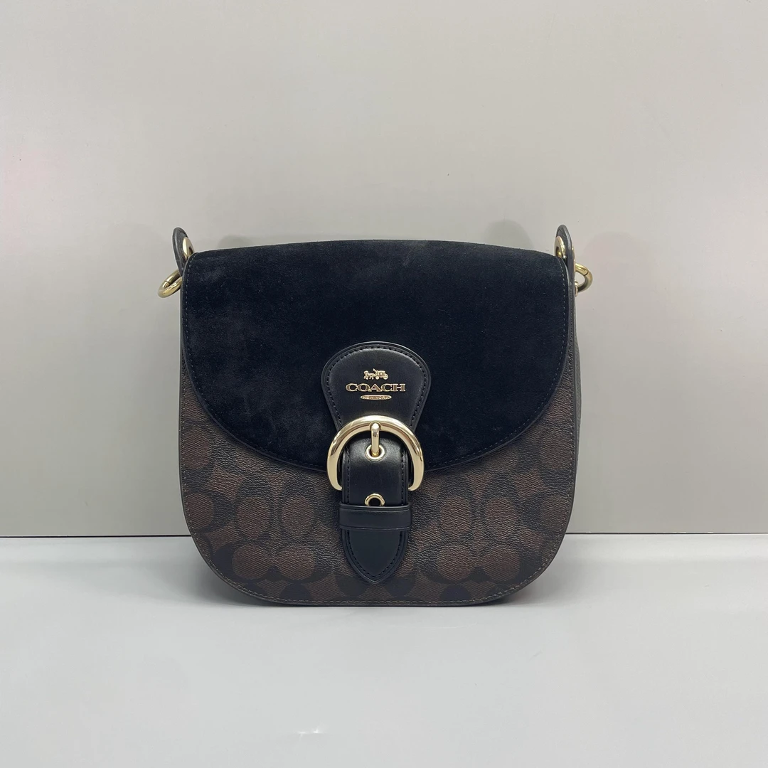 90新 COACH/蔻驰 小林/kleo黑拼老花马鞍包23*21*9cmA073003