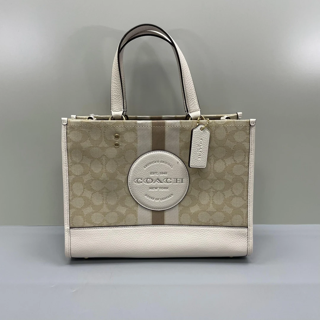 99新 COACH/蔻驰 白拼织物老花横版托特包30X22X12cmSL113010