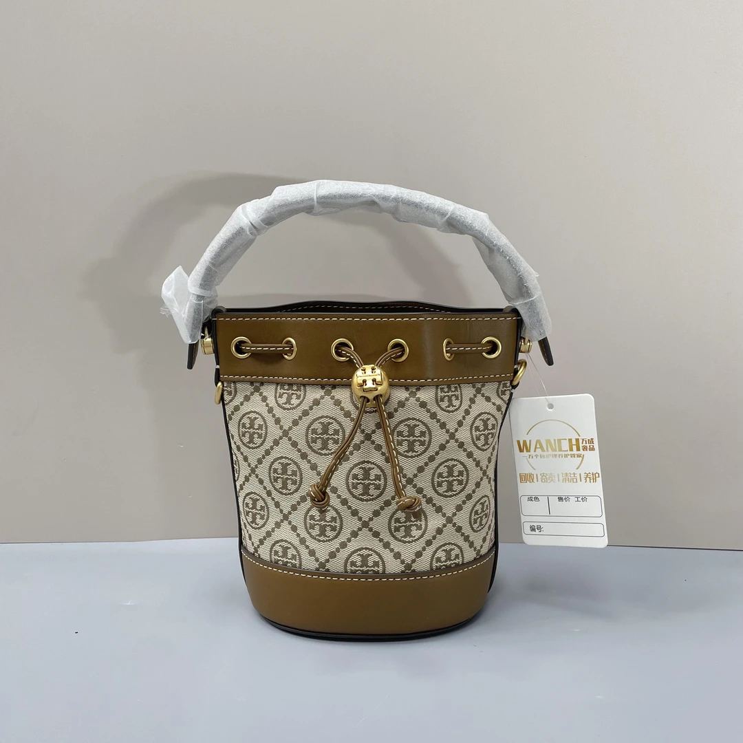 99新 TORY BURCH/汤丽柏琦 棕色老花小号水桶包15x18x11cmM010309