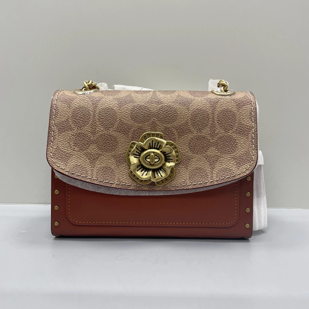 99新 COACH/蔻驰 小林/山茶花红棕老花链条包18*13*7cmA031413