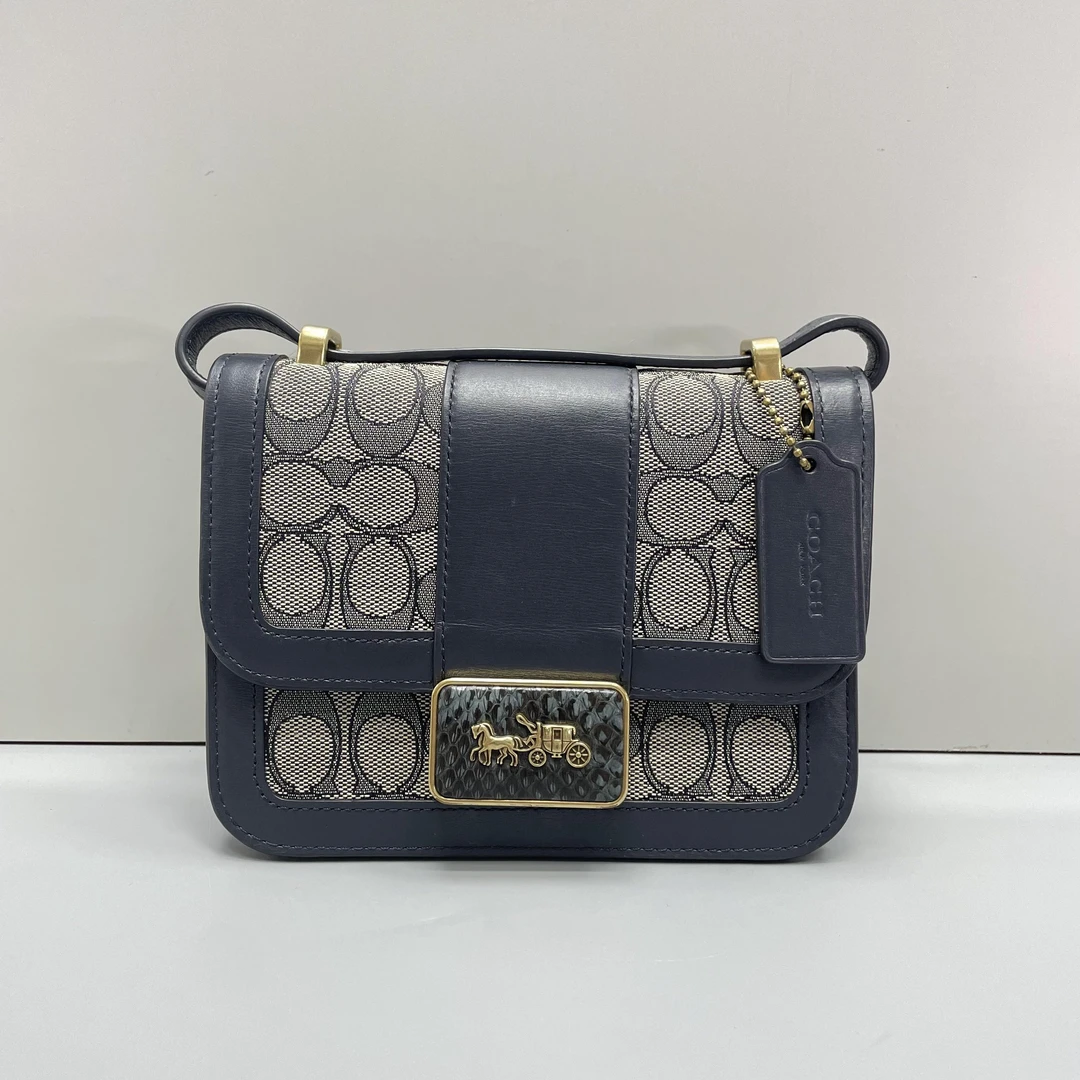 95新 COACH/蔻驰 Alie蓝色织物老花斜挎包18X13X8cmL081105