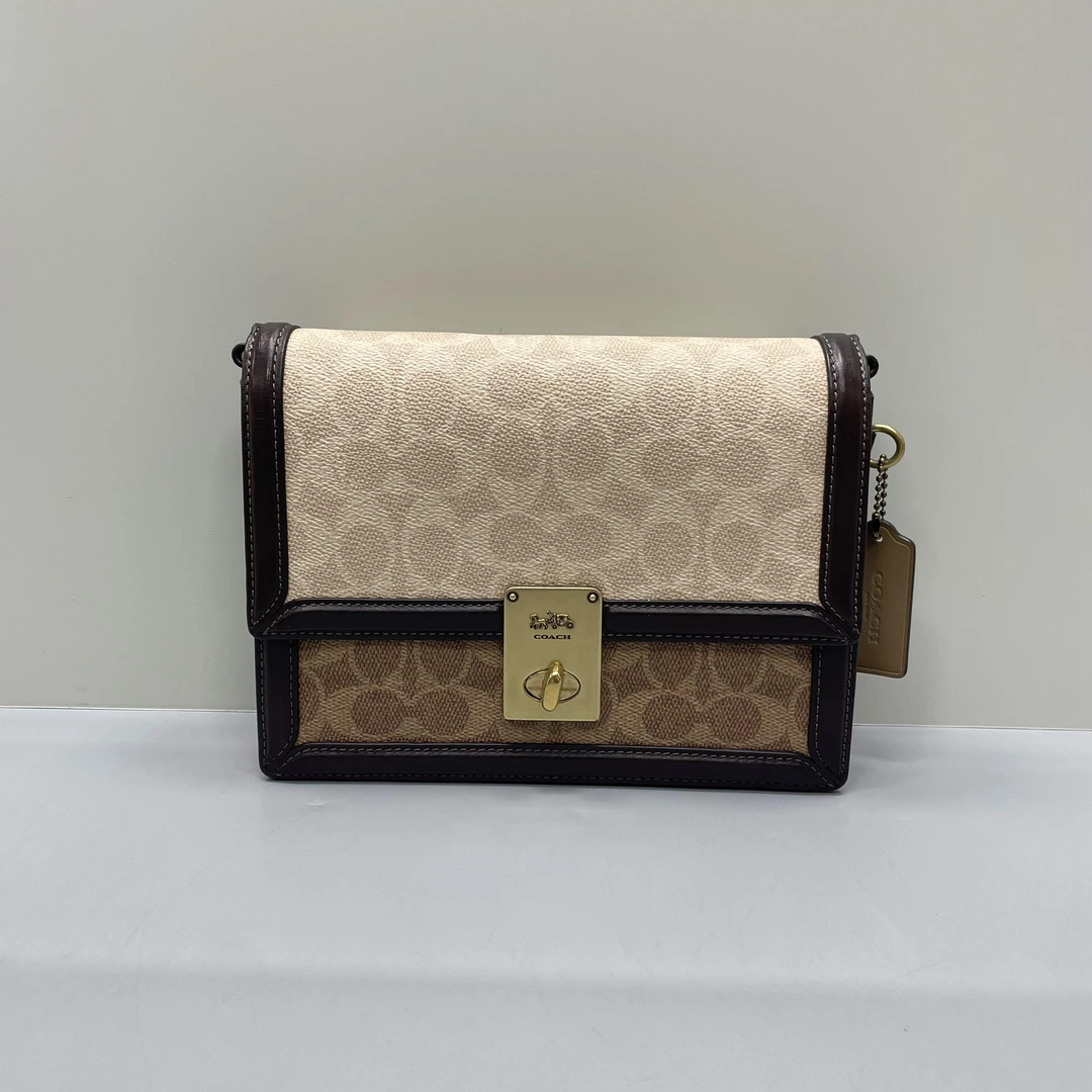 95新 COACH/蔻驰 小丽/hutton老花拼褐色链条包22*16*5cmA011003