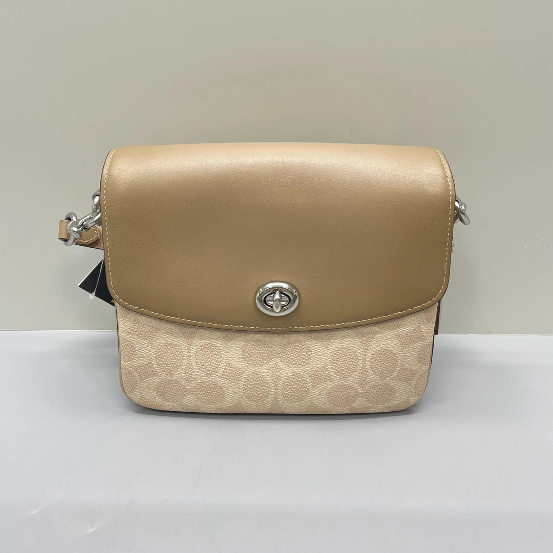 95新 COACH/蔻驰 cassie19奶茶色拼老花邮差包19X16X8cmL012006