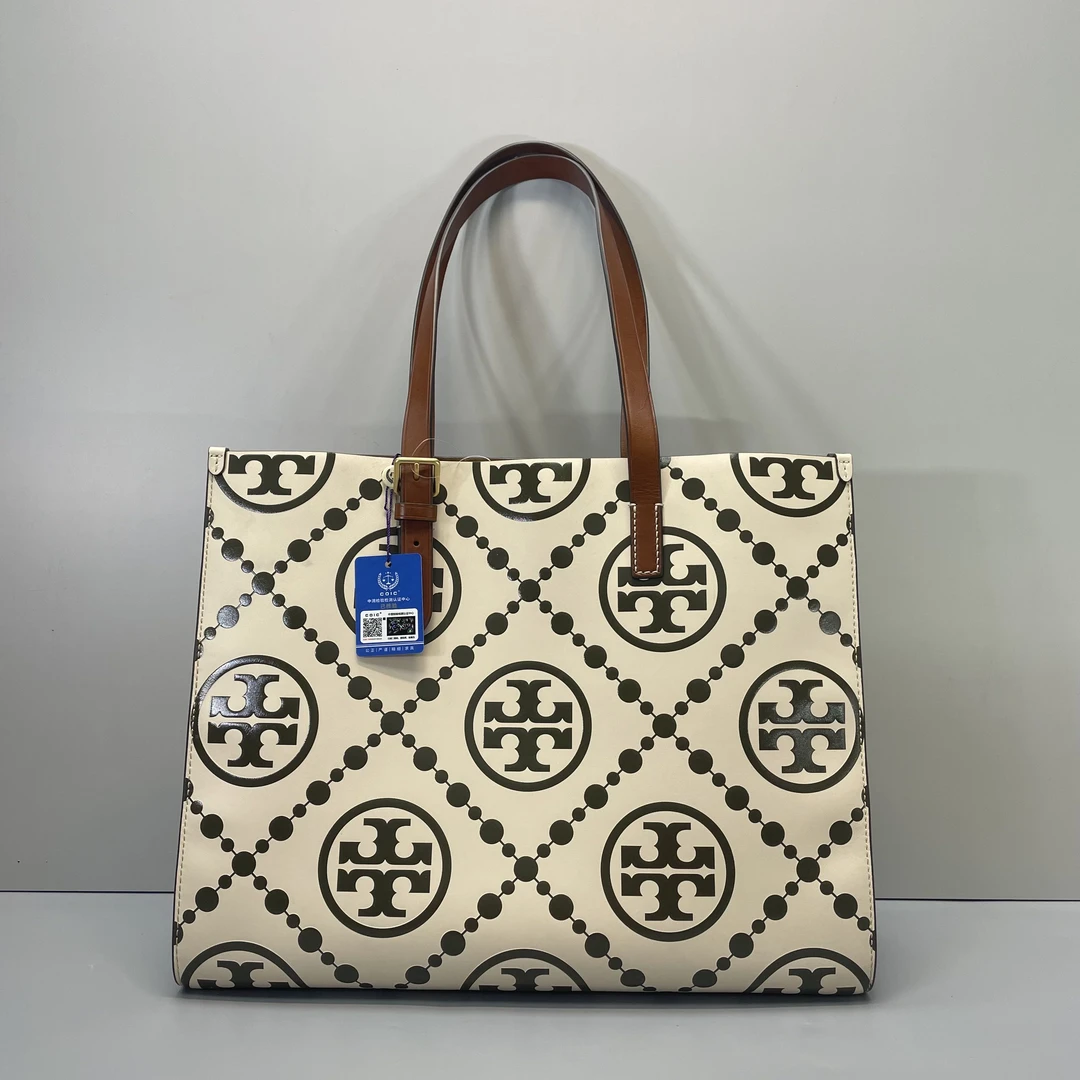 95新 TORY BURCH/汤丽柏琦 小林/橄榄绿撞色大托特包40*32*14cm