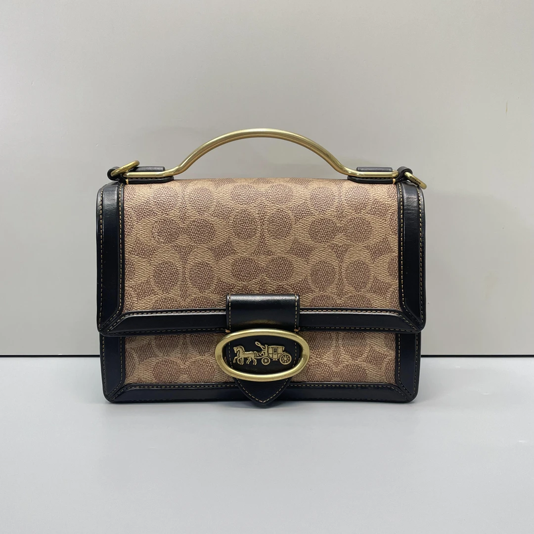 95新 COACH/蔻驰 媚姐/Riley黑拼老花风琴单肩包22X16X8cmF100604