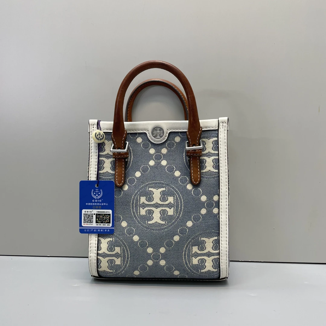 90新 TORY BURCH/汤丽柏琦 小林/白拼蓝手提包16*18*6cmSA111201