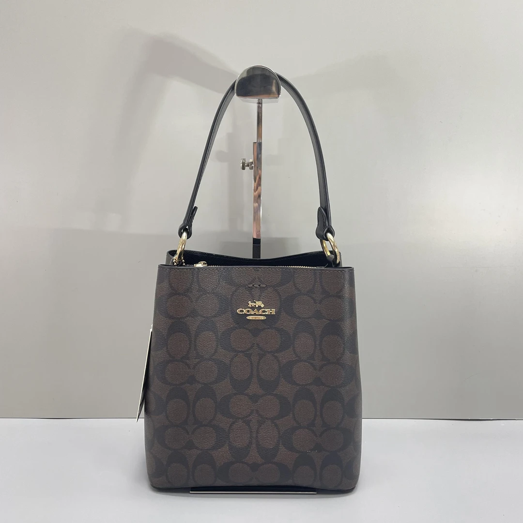 95新 COACH/蔻驰 黑拼老花小号水桶包20X22X10cmL053108