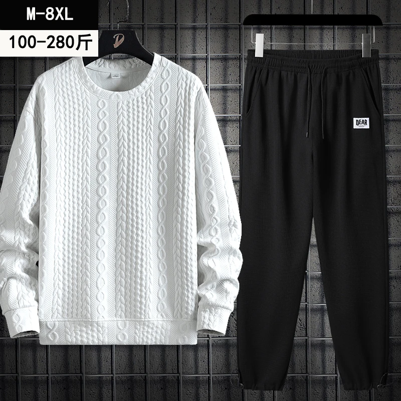 春季新款男士卫衣卫裤提花休闲宽松一套加肥加大潮流百搭运动套装