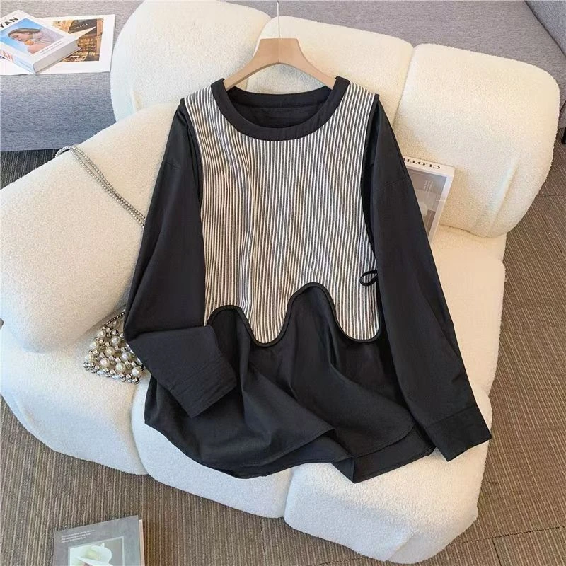 459183-秋季爆款韩版设计感时尚大码减龄显瘦爆款假两件小衫