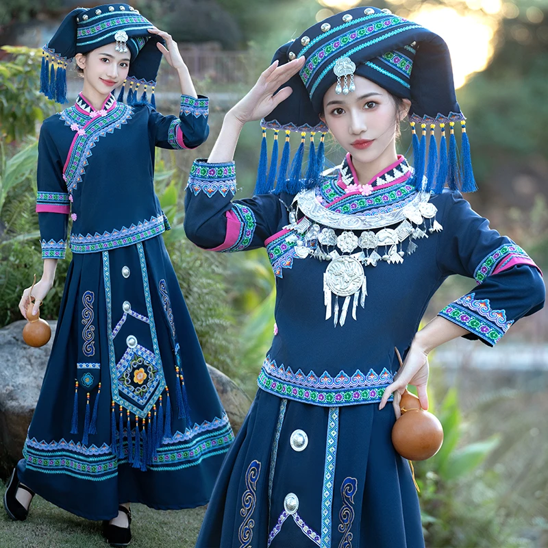 广西壮族服装三月民族演出服少数民族苗族成人壮锦刺绣服饰长裙